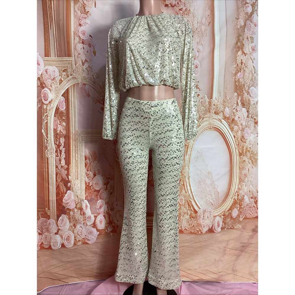 H&M  Trend 2 Piece Beige Silver Sequin Bell Bottom Pant & Top Set Size 0